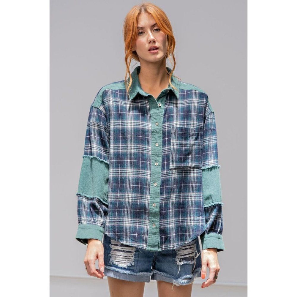 EASEL Plaid Printed Button Down Shirt Green Patch Contrast Corduroy Fall ET17793